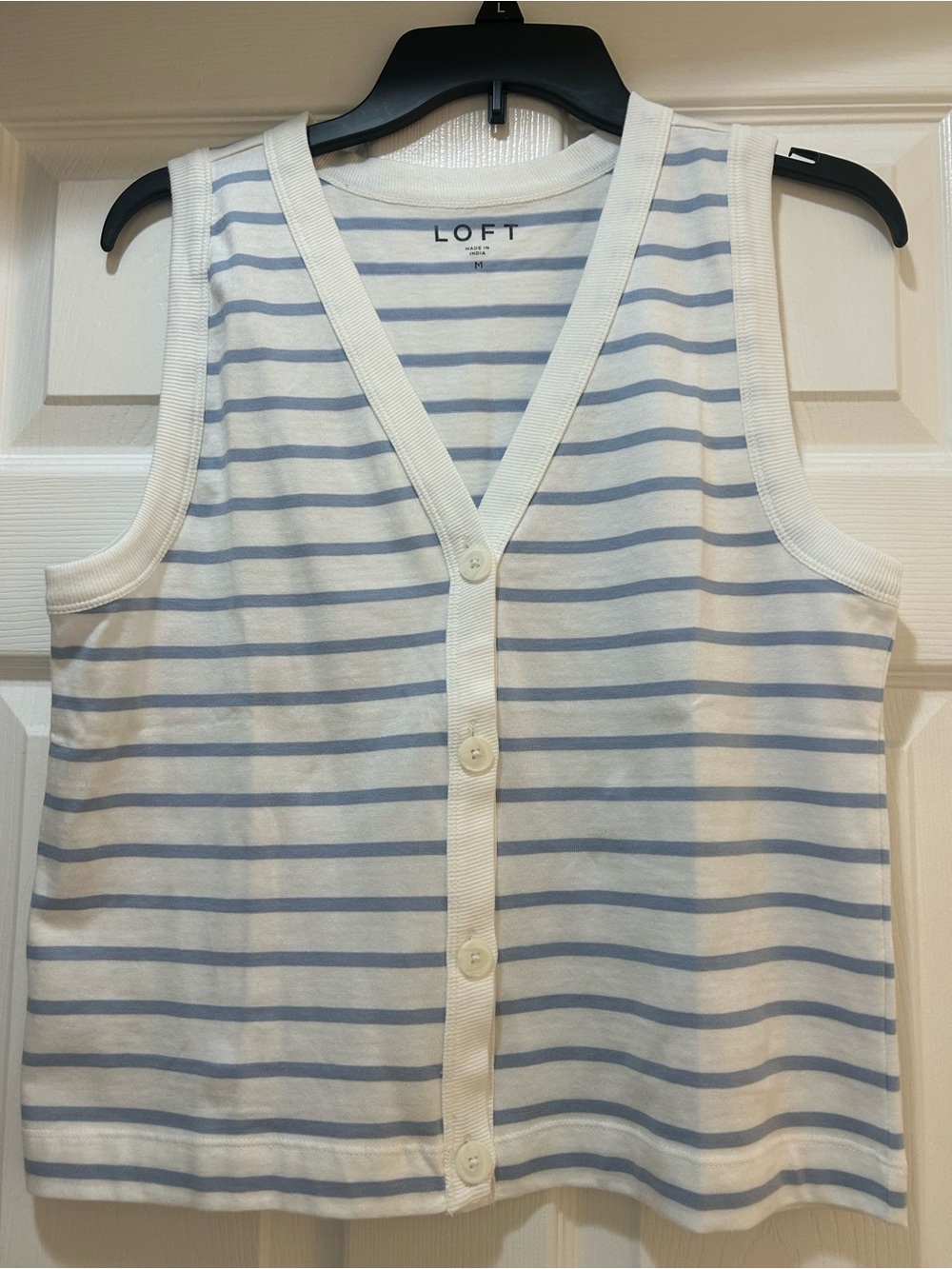 LOFT White & Light Blue Striped Sleeveless Button Cardigan nwot
